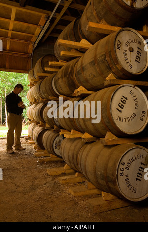 Fässer des Alterns single malt Whisky, Glenora Brennerei, Cape Breton Island, Nova Scotia, Kanada. Stockfoto