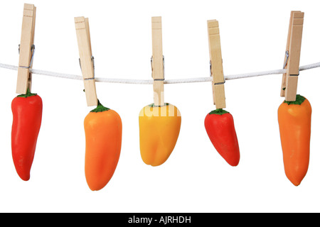 Bunte Peperoni hängen von einer Wäscheleine isoliert auf weiss Stockfoto