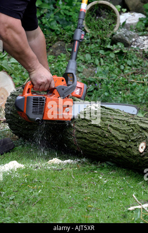 Mann schneidet einem gefallenen Ast mit einer Kettensäge. Wind und Sturm Schäden in einem Garten von Nottingham. Äste von einem Riss Weide, Salix Fragilis gebrochen. Stockfoto