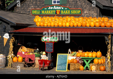 Nova Scotia Mahone Bay Obst Markt Kürbisse für Halloween aufgereiht Stockfoto