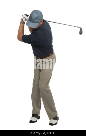 Vorderansicht eines Golfers während seinen Rücken schwingen mit Bügeleisen Stockfoto