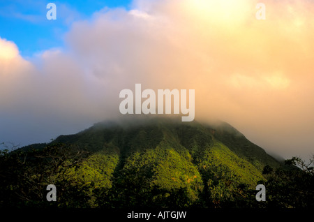 Mount Nevis Spitze, grüner Vulkan Spitze, Karibik, Inseln unter dem Winde Wolkendecke im oberen, blauen Himmelshintergrund, nationales symbol