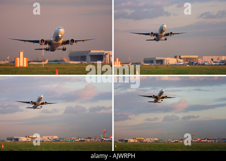 Zusammengesetztes Bild von Emirates Boeing 777-31H/ER ausziehen aus Start-und Landebahn 27R am London Heathrow Airport, Großbritannien Stockfoto