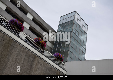 Blumen schmücken die Seite eines mehrstöckigen Parkhauses in Kingston, Surrey, England. Stockfoto