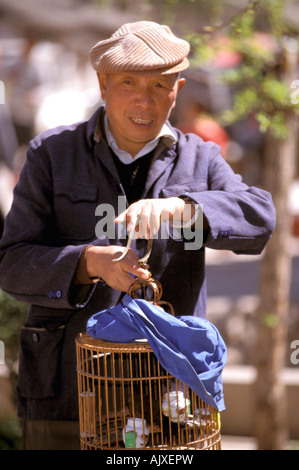 Asien, China, Provinz Yunnan Lijiang. Mann mit Song Vogel zu verkaufen in der Altstadt Stockfoto