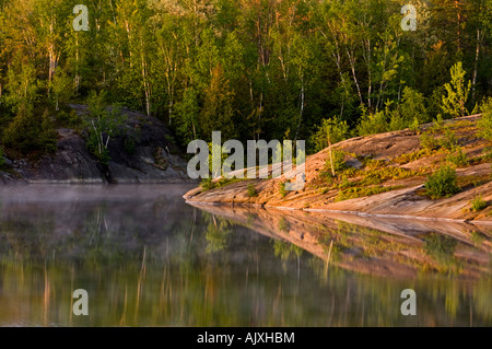 Frühlingswald spiegelt sich in Simon Lake, Greater Sudbury, Ontario, Kanada Stockfoto