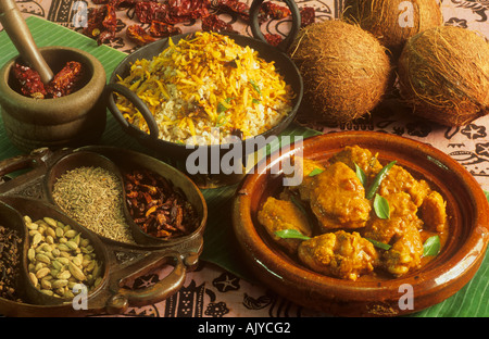 Indien Essen Chettinad Pepper Chicken und Kokosreis Stockfoto