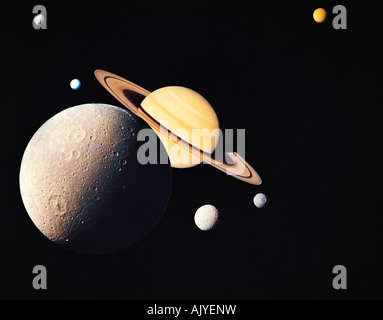 Eine Montage von Saturn und seine Monde (Dione, Tethys, Mimas, Enceladus, Rhea und Titan Stockfoto