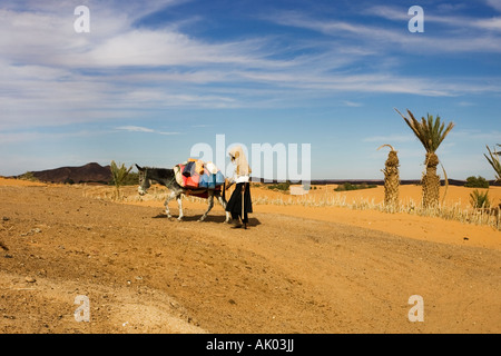 Frau und Esel in der Sahara Wüste Merzouga Marokko. Esel tragen von Wasser aus Brunnen Stockfoto