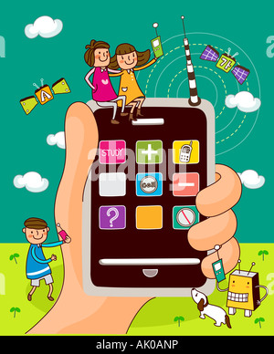 Zwei Mädchen sitzen auf eine Fernbedienung durch die Hand der Person gehalten Stockfoto