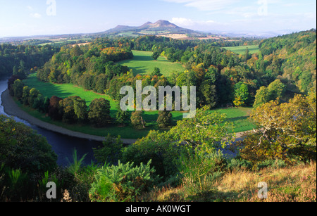 Herbstliche Landschaft Schottland Scott s blickt über den Fluss Tweed zu den herbstlichen Eildon Hills in der schottischen Grenzen UK Stockfoto