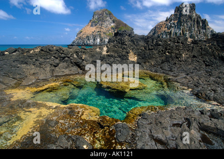 Korallen und Tide Pool mit Dois Irmãos im Hintergrund Fernando De Noronha national marine Sanctuary Pernambuco-Brasilien Stockfoto