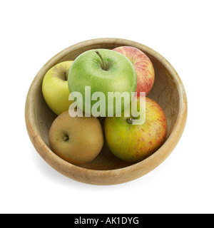 Sammlung von Äpfeln in Holzschale Granny Smith Cox s Orange Pippin Royal Gala Golden Delicious und Egremont Russet Stockfoto