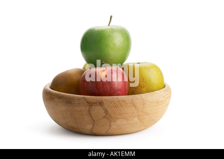 Sammlung von Äpfeln in Holzschale Granny Smith Cox s Orange Pippin Royal Gala und Egremont Russet Stockfoto