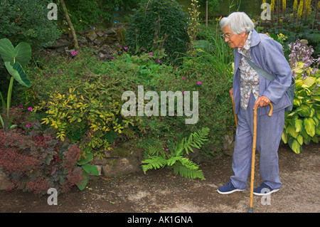 Älteren Erwachsenen gehen mit Stöcken im Garten Stockfoto