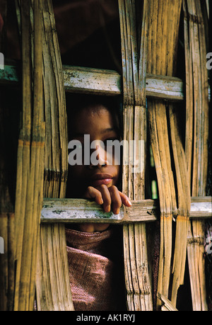 Philippinen. Manila. Junge durch Bambus Bildschirm schauen. Stockfoto