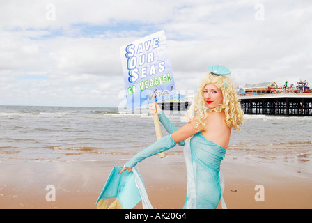 Save Our Seas Mermaid. VIVA Vegetarier International Voice für Tiere mermaid landet auf dem Strand von Blackpool, Großbritannien Stockfoto