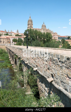 Puente Romano (römische Brücke) über den Fluss Tormes mit der Kathedrale hinter, Salamanca, Kastilien-León, Spanien Stockfoto