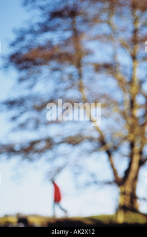 Impressionistische einsame Figur in einer roten Jacke zu Fuß entfernt von einem Baum auf einem Damm unter einem blauen winter sk Stockfoto