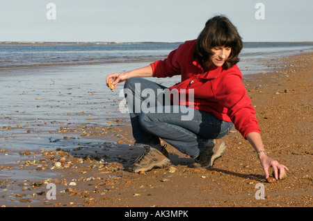 Ein Weibchen an einem einsamen Strand, die Auswahl eines Steines Stockfoto