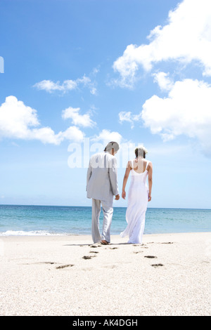 Braut und Bräutigam zu Fuß am Strand, barfuß, Rückansicht Stockfoto