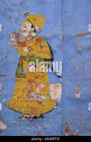 Eine Wandmalerei eines Mannes in die blaue Stadt Jodhpur, Indien Stockfoto