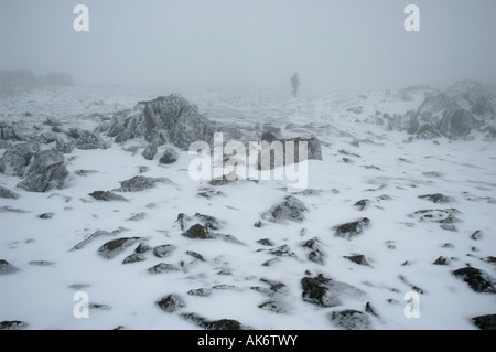 Walker im Schnee und Nebel Gipfel der Carnedd Llewellyn Snowdonia Wales Stockfoto