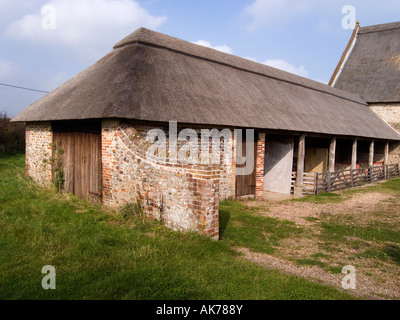 Traditionelle East Anglian Wirtschaftsgebäude mit Ziegel und Feuerstein Wände und strohgedeckten Dach Waxham Norfolk Stockfoto