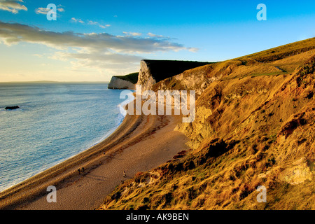 Kurz vor Sonnenuntergang auf die Dorset aussehende West Küste von Durdle Door in Richtung Swyre und Fledermäuse Head Stockfoto