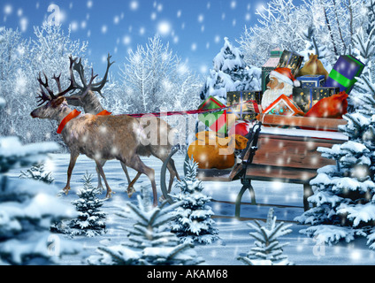 2 Karibus ziehen Schlitten mit Weihnachtsmann Stockfoto