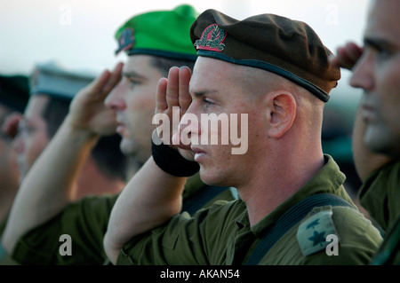 Oberstleutnant von der Golani-brigade grüßt wie er in einem militärischen Festakt in Israel beteiligt sich Stockfoto