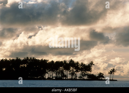 Ruhigere abgelegenen Inseln von Mikronesien Truk Lagoon sind mit tropischen Palmen Baum Silhouetten und dramatischer Himmel in der Abenddämmerung aufgefüllt. Stockfoto