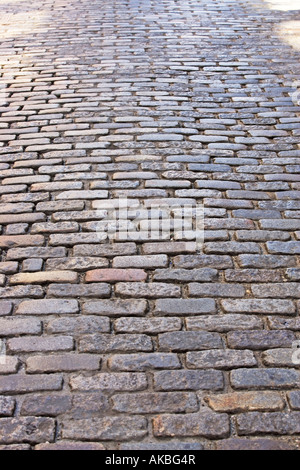 STRAßE MIT KOPFSTEINPFLASTER, KOPFSTEINPFLASTER, ASPHALT, FAHRBAHN, STRAßE, TEXTUR, HINTERGRUND, URBANE SZENEN, USA, RAUH, ALTE, Stockfoto