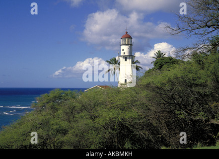 Ein Blick auf den Leuchtturm am Hang des Vulkan Diamond Head in der Nähe von Waikiki Beach oceanside Stockfoto