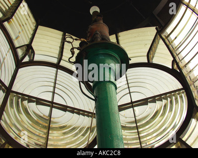 Das Kerosin Dampf Brenner und erster Ordnung Fresnel-Linsen von Hope Town Leuchtturm Licht auf Elbow Cay auf den Abacos Bahamas Stockfoto