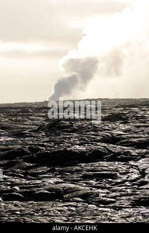 Dampf aus aktiven Lavaströmen in Pazifik auf Hawaii Stockfoto