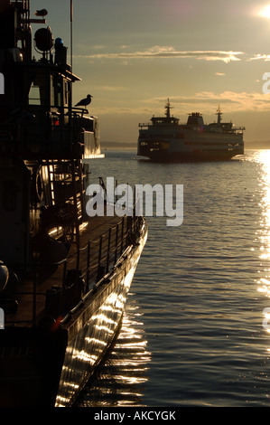Die Bainbridge Island-Fähre, die über Puget Sound bei Sonnenuntergang, Seattle, USA reisen Stockfoto