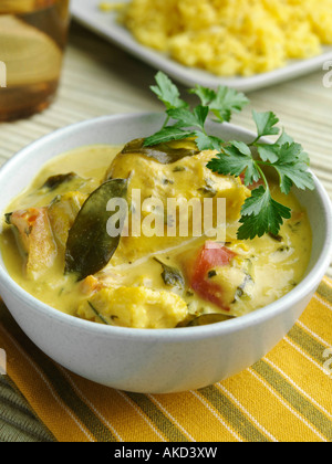 Meen Molee eine Schüssel mit indischen Keralas Fisch Curry und Safran Reis redaktionelle Essen Stockfoto