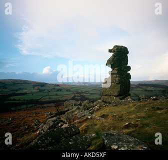 Bowermans Nase natürliche Felsformation mit Blick auf weite Wiesen und Adlerfarn auf North West Dartmoor Stockfoto