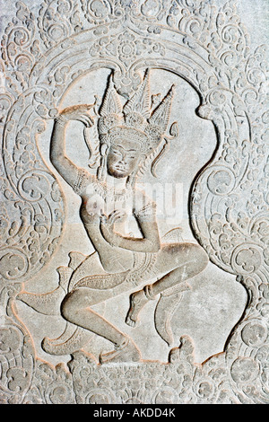 Detail der Devata Aspara Figur tanzen, Angkor Wat, Angkor, Kambodscha Stockfoto