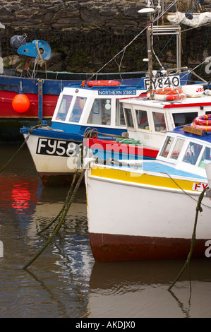 Nahaufnahme der farbenfrohen Bögen der angelegten Fischerboote im Hafen von Polperro. Cornwall, Großbritannien. Stockfoto