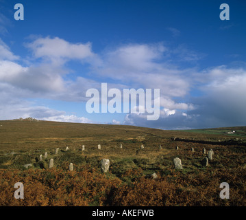 Tregeseal Stone Circle auf die Mauren nördlich von dem kleinen Dorf Tregeseal in der Nähe von St nur 20 Steinen in einem Ring 22 Fuß Stockfoto