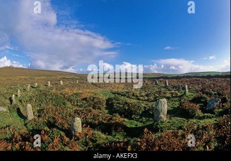 Tregeseal Stone Circle auf die Mauren nördlich von dem kleinen Dorf Tregeseal in der Nähe von St nur 20 Steinen in einem Ring 22 Fuß Stockfoto