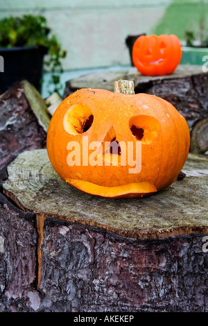 Zwei gruselige Halloween-Kürbisse. Stockfoto