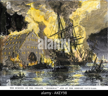 US-Fregatte Merrimack auf Feuer während der Konföderierten Verbrennung des Gosport Navy Yard in Portsmouth Virginia während des Bürgerkrieges 1862 Stockfoto