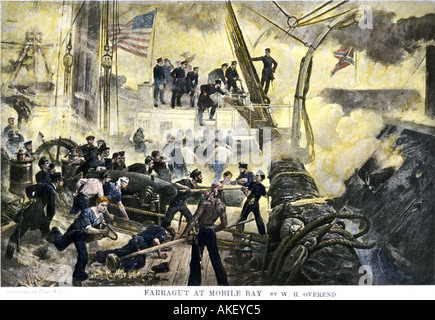 Admiral David G. Farragut in der takelage in der Schlacht von Mobile Bay 1864 Amerikanischer Bürgerkrieg. Handcolorierte photogravure eines Gemäldes von Overend Stockfoto