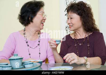 Zwei Frauen in Führungspositionen sitzen an einem Tisch und sahen einander Stockfoto