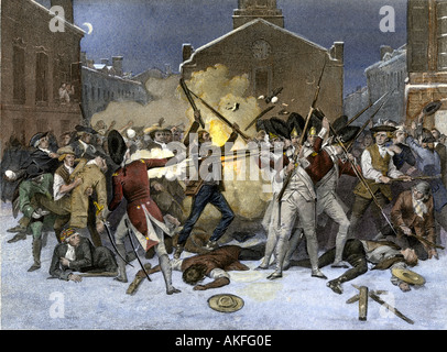 Britische Soldaten töten vier zivile Demonstranten in der Boston Massaker 1770. Handcolorierte Stahlstich von Alonso Chappel Malerei Stockfoto