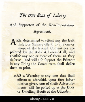 Söhne der Freiheit Flugblatt zur Unterstützung einen Boykott britischer waren in Boston vor den revolutionären Krieg. Holzschnitt mit einem Aquarell waschen Stockfoto