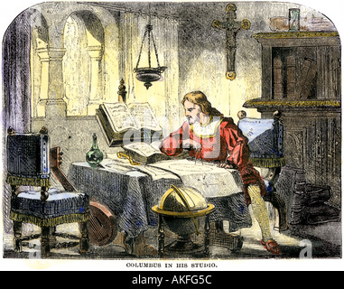 Christopher Columbus Studium eine Karte in seinem Studio in Spanien 1400. Hand - farbige Holzschnitt Stockfoto